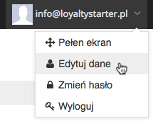 Grafika przedstawiąca widok menu konta użytkownika aplikacji Loyalty Starter służącej do obsługi programów lojalnościowych z kursorem na wierszu "Edytuj dane".