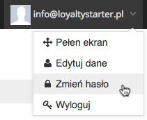 Grafika przedstawiąca widok menu konta użytkownika aplikacji Loyalty Starter służącej do obsługi programów lojalnościowych z kursorem na wierszu "Zmień hasło".