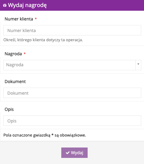 Zrzut ekranu prezentujący formularz wydania nagrody