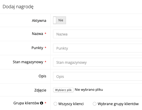 Zrzut ekranu prezentujący formularz dodawania nagrody do katalogu
