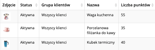 Zrzut ekranu prezentujący listę nagród