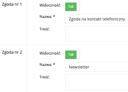 Zrzut ekranu prezentujący formularz zarządzania zgodami marketingowymi.