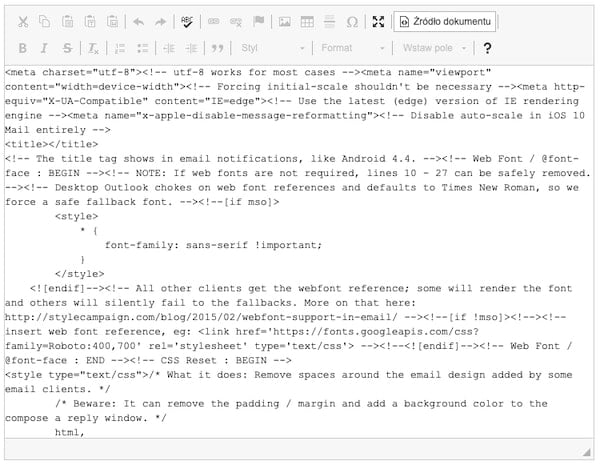 Zrzut ekranu prezentujący kod HTML wiadomości e-mail