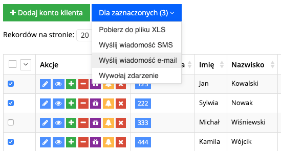 Zrzut ekranu prezentujący funkcjonalność masowej wysyłki wiadomości e-mail