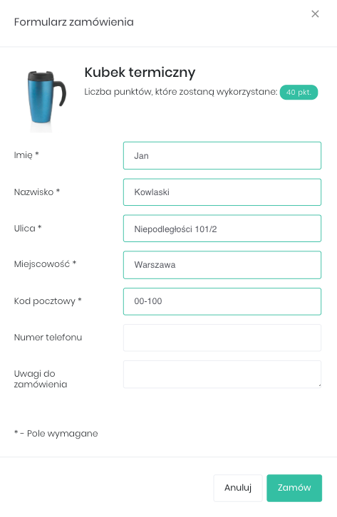 Zrzut ekranu prezentujący formularz zamówienia nagrody
