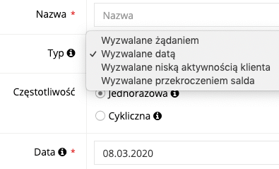 Zrzut ekranu prezentujący zdarzenia własne, które można wykorzystać w scenariuszach.