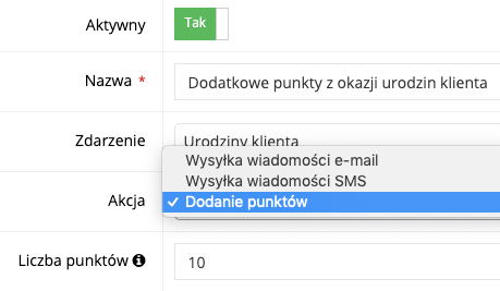 Zrzut ekranu prezentujący akcje, które można wykorzystać w scenariuszach.