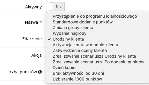 Zrzut ekranu prezentujący zdarzenia, które można wykorzystać w scenariuszach.