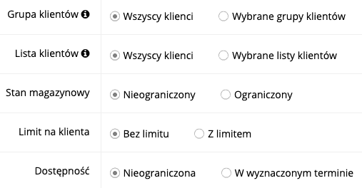 Zrzut ekranu prezentujący formularz ustawiania limitów dostępności nagrody