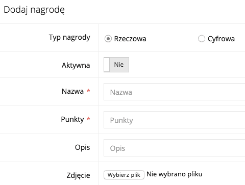 Zrzut ekranu prezentujący formularz dodawania nagrody do katalogu