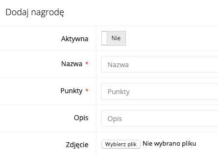 Zrzut ekranu prezentujący formularz dodawania nagrody do katalogu