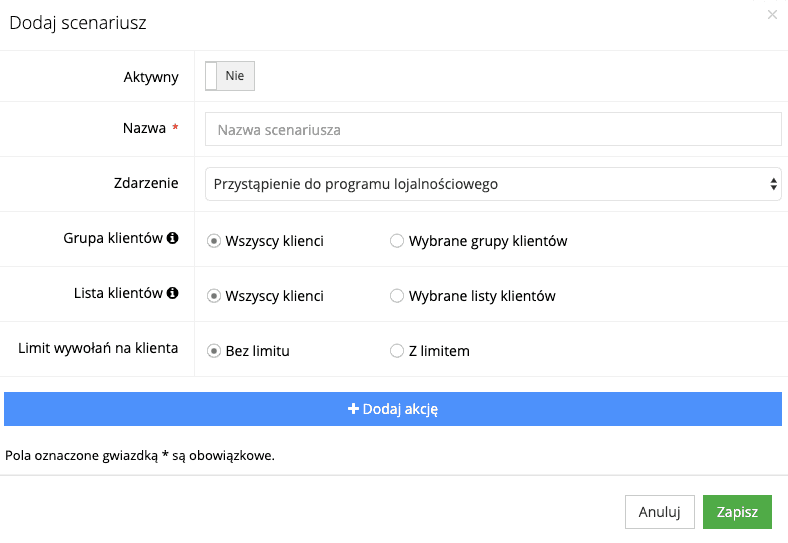 Zrzut ekranu prezentujący formularz konfigurowania scenariusza.