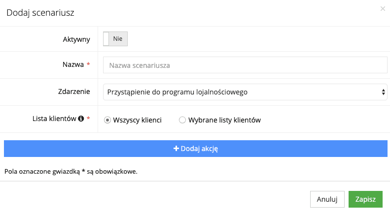Zrzut ekranu prezentujący formularz konfigurowania scenariusza.