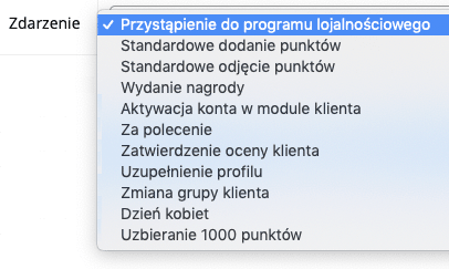 Zrzut ekranu prezentujący zdarzenia, które można wykorzystać w scenariuszach.