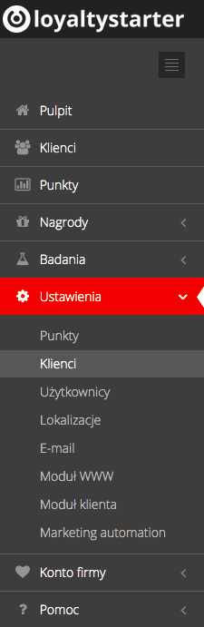 Grafika przedstawiąca widok menu aplikacji Loyalty Starter służącej do obsługi programów lojalnościowych.