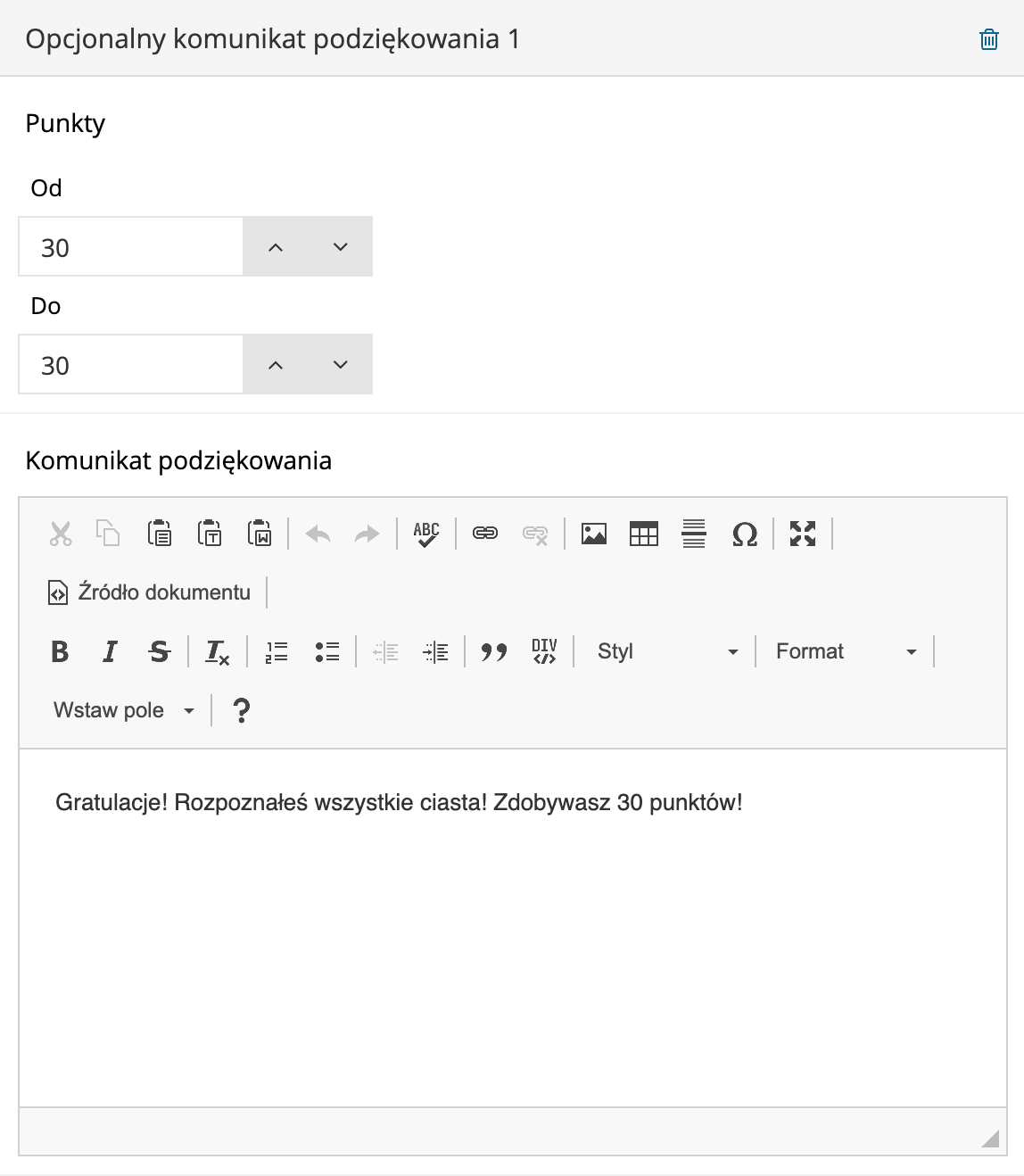 Ustawianie komunikatów podziękowania