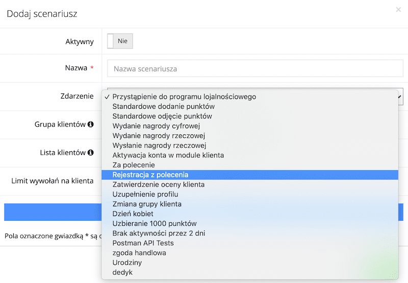 Zdarzenie marketing automation wykrywające rejestrację z polecenia
