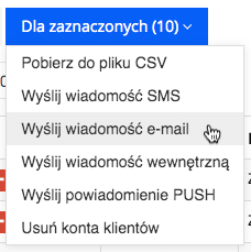 Grafika przedstawiąca niebieski prostokątny przycisk z napisem "Dla zaznaczonych" oraz liczbą zaznaczonych indeksów w aplikacji Loyalty Starter służącej do obsługi programów lojalnościowych, z zaznaczoną operacją "Wyślij wiadomość e-mail".