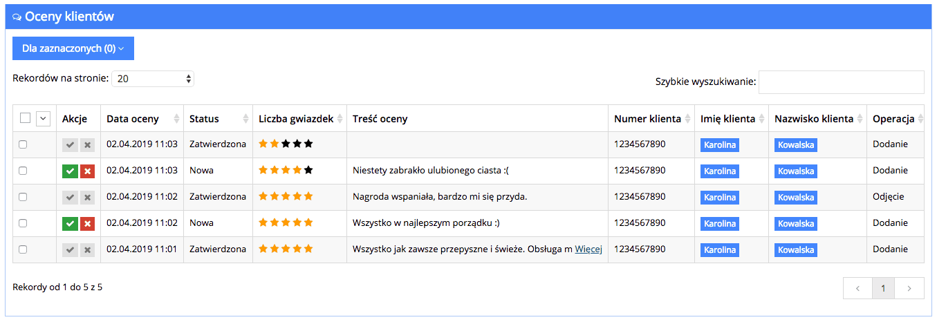 Grafika przedstawiające listę ocen klientów w aplikacji Loyalty Starter.