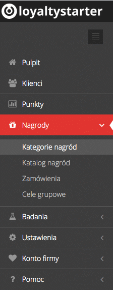 Grafika przedstawiająca widok menu aplikacji Loyalty Starter służącej do obsługi programów lojalnościowych.