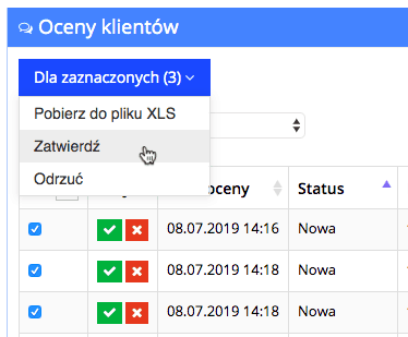 Grafika przedstawiająca listę wystawionych ocen przez klientów oraz możliwość grupowego zatwierdzenia lub odrzucenia ocen.