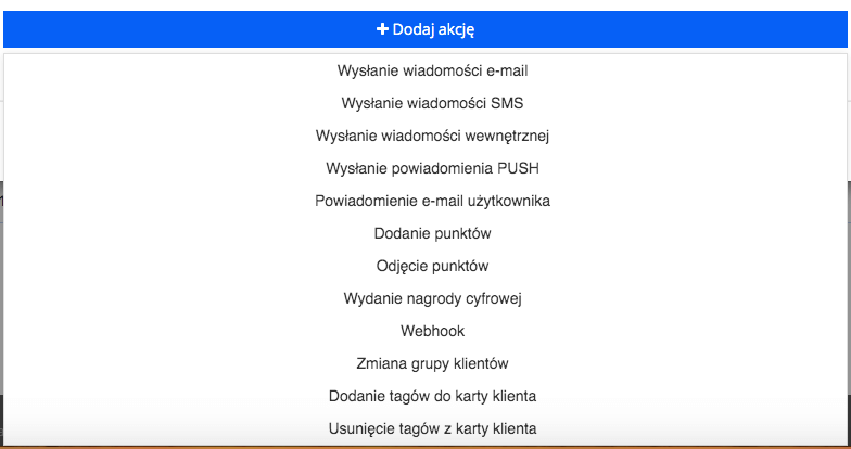 Grafika przedstawiająca wszystkie możliwe akcje do dodania w scenariuszy marketing automation, w aplikacji Loyalty Starter.