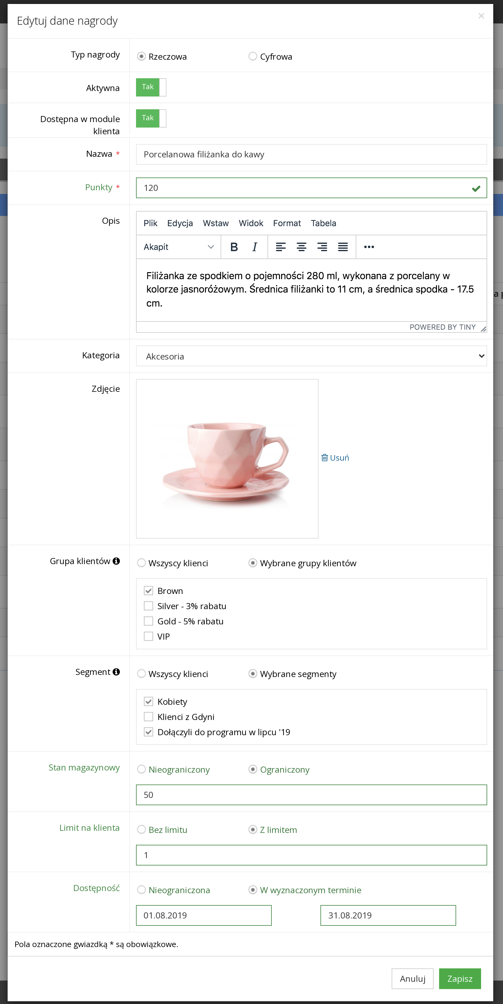 Grafika przedstawiąca widok okna dodawania nowej nagrody do katalogu nagród w w aplikacji Loyalty Starter służącej do obsługi programów lojalnościowych.