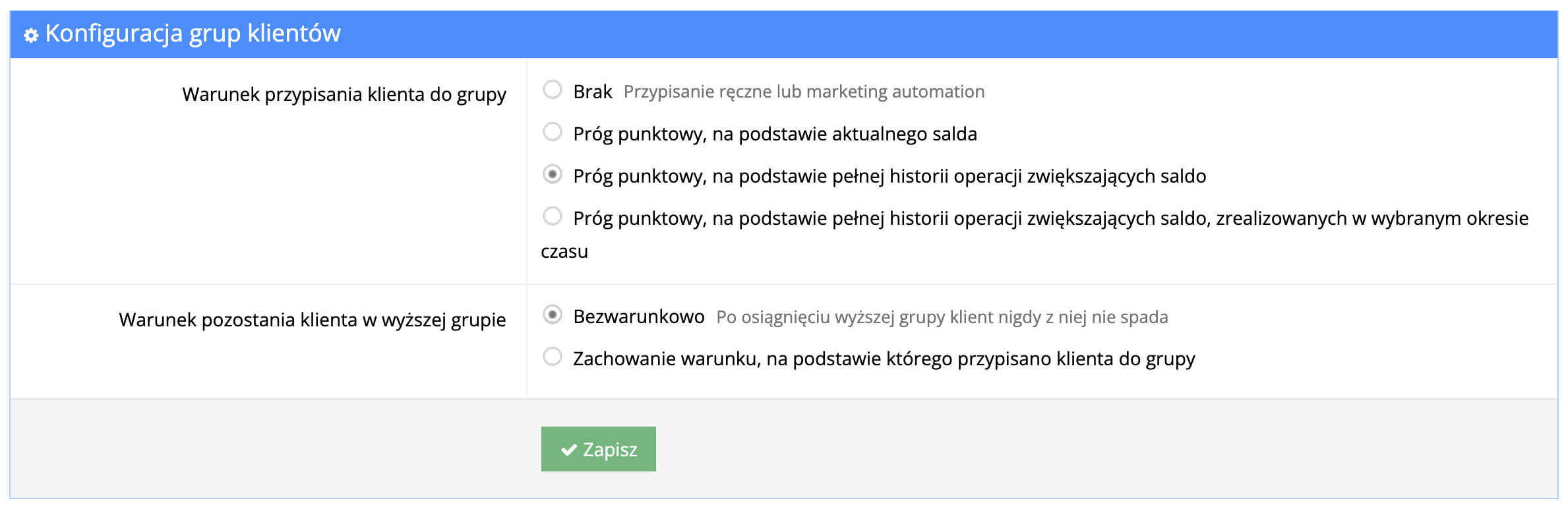 Grupy klientów warunki Loyalty Starter