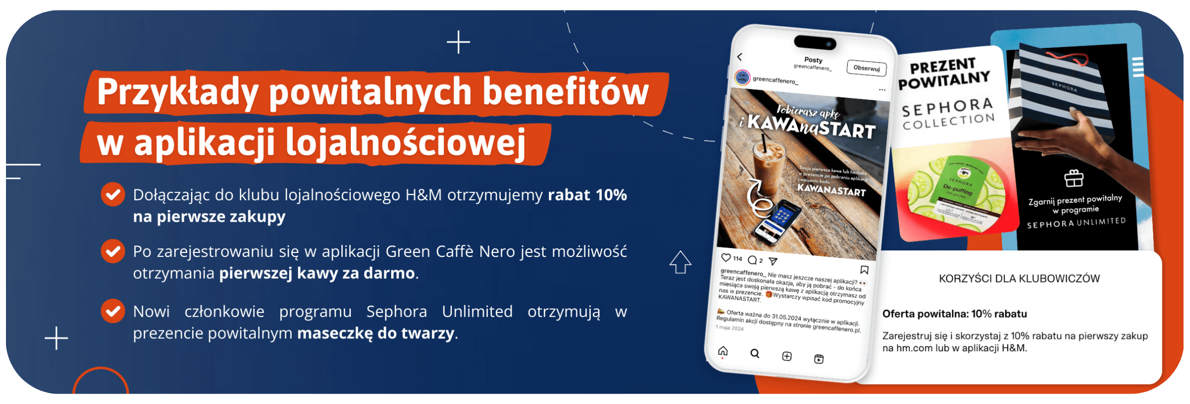 Aplikacja lojalnościowa przykłady powitalnych benefitów - infografika