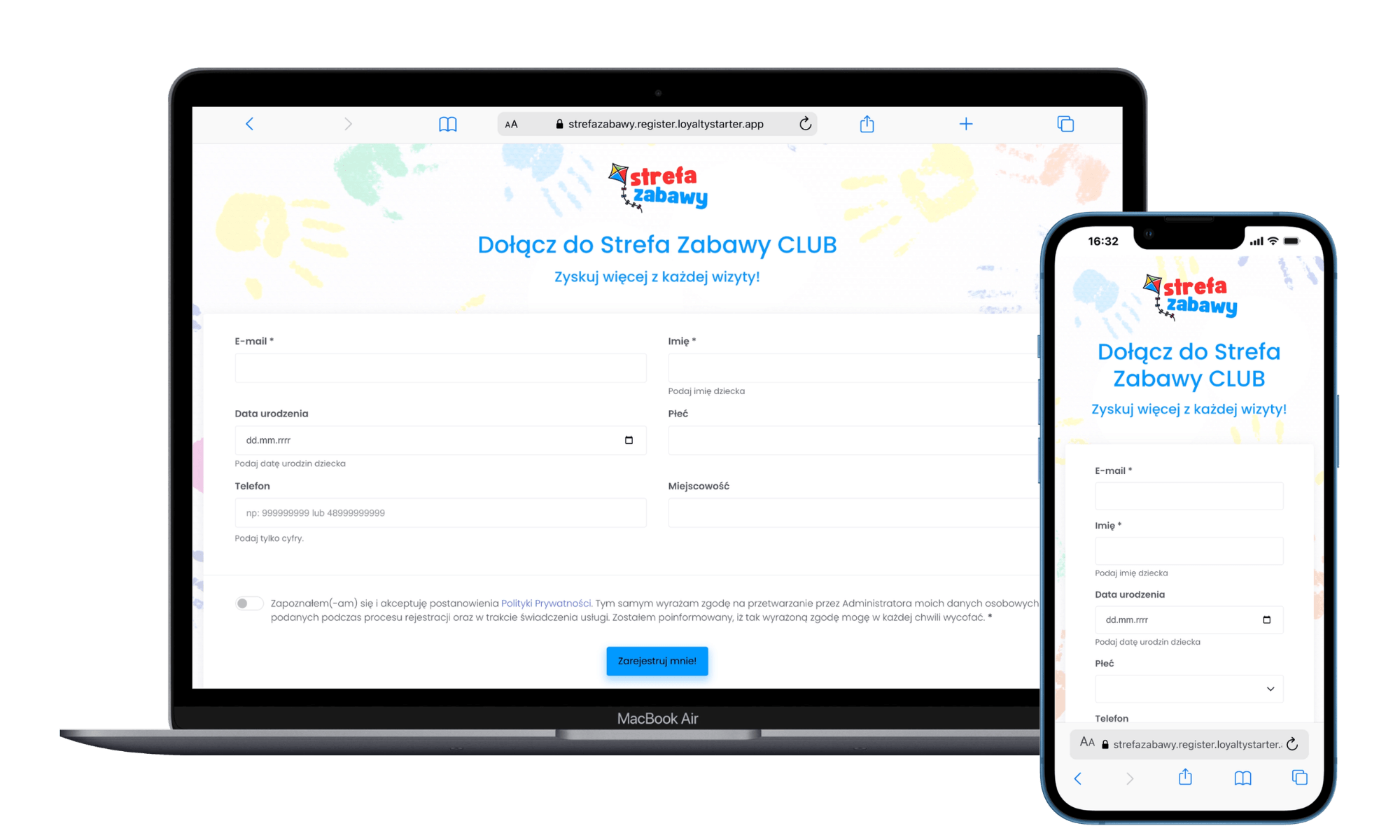 formularz rejestracyjny do programu lojalnościowego w sali zabaw
