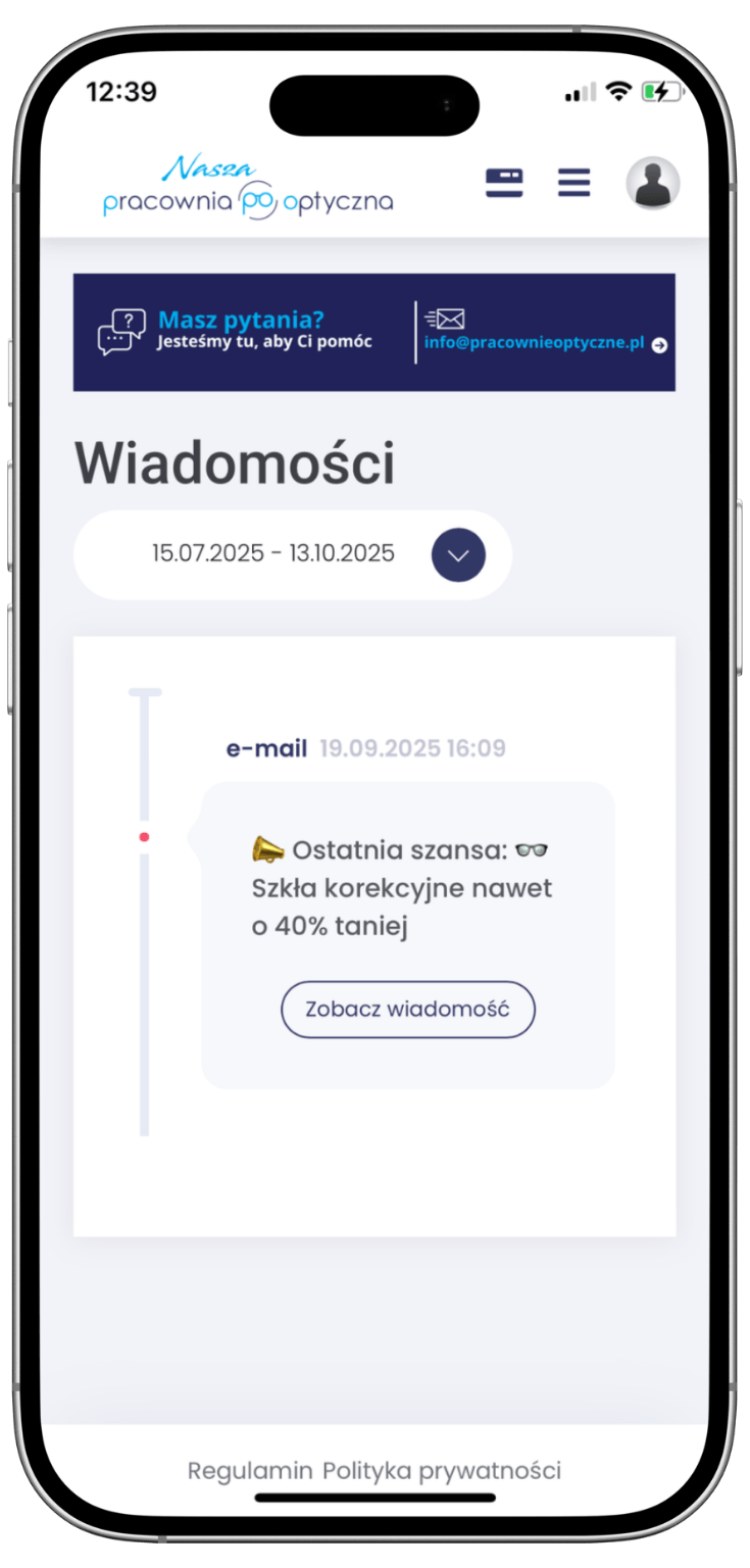 wiadomości w aplikacji lojalnościowej sklepu detalicznego